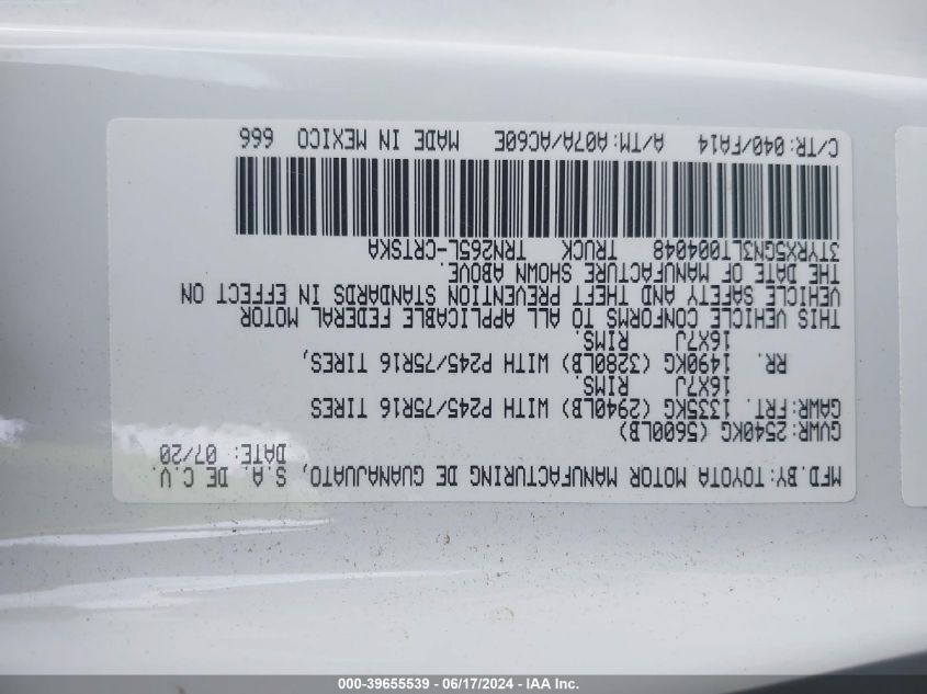 2020 Toyota Tacoma Sr VIN: 3TYRX5GN3LT004048 Lot: 39655539