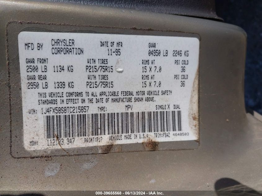 1996 Jeep Grand Cherokee Laredo VIN: 1J4FX58S8TC215857 Lot: 39655568
