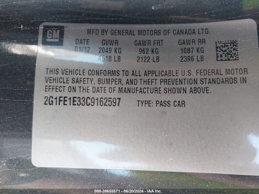 2012 Chevrolet Camaro Ls VIN: 2G1FE1E33C9162597 Lot: 39655571