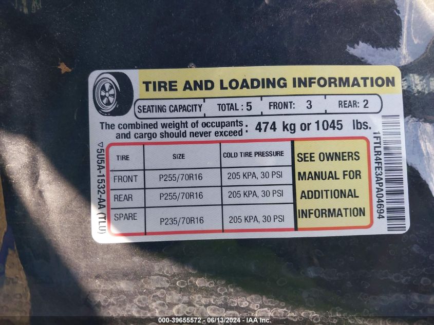 2010 Ford Ranger Sport/Xlt VIN: 1FTLR4FE3APA04694 Lot: 39655572