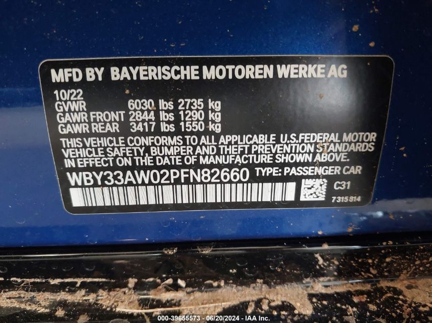 2023 BMW I4 M50 VIN: WBY33AW02PFN82660 Lot: 39655573