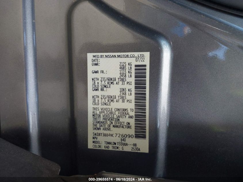 2022 Nissan Rogue Sv Intelligent Awd VIN: 5N1BT3BB4NC726090 Lot: 39655574