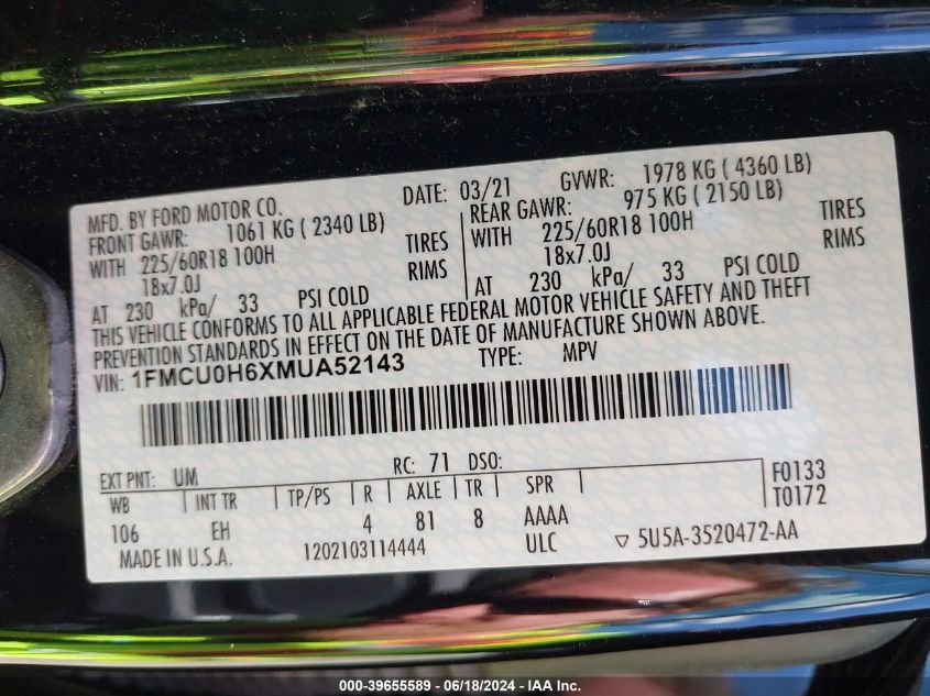 2021 Ford Escape Sel VIN: 1FMCU0H6XMUA52143 Lot: 39655589