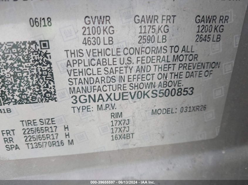 2019 Chevrolet Equinox Lt VIN: 3GNAXUEV0KS500853 Lot: 39655597