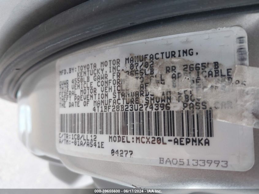 2003 Toyota Avalon Xl VIN: 4T1BF28B23U274396 Lot: 39655600