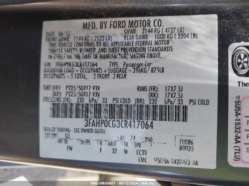 2012 Ford Fusion Sel VIN: 3FAHP0CG3CR417064 Lot: 39655601