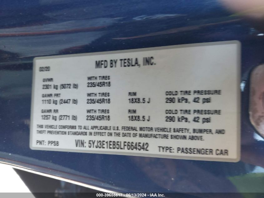 2020 Tesla Model 3 Long Range Dual Motor All-Wheel Drive VIN: 5YJ3E1EB5LF664542 Lot: 39655617