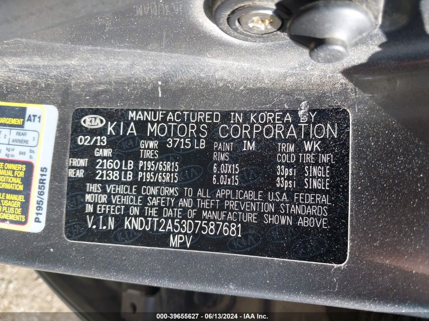 2013 Kia Soul VIN: KNDJT2A53D7587681 Lot: 39655627