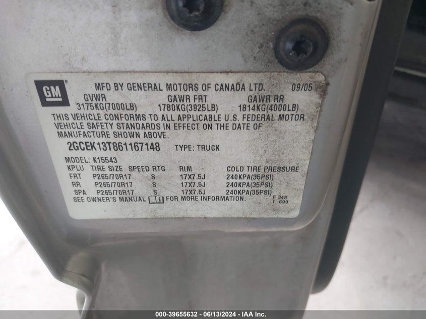 2006 Chevrolet Silverado 1500 Lt1 VIN: 2GCEK13T861167148 Lot: 39655632
