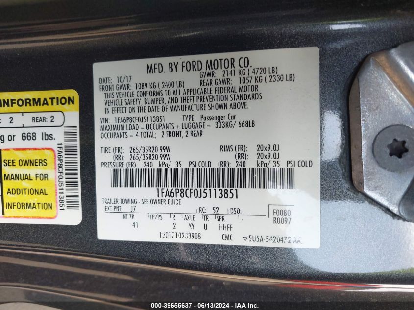 2018 Ford Mustang Gt Premium VIN: 1FA6P8CF0J5113851 Lot: 39655637