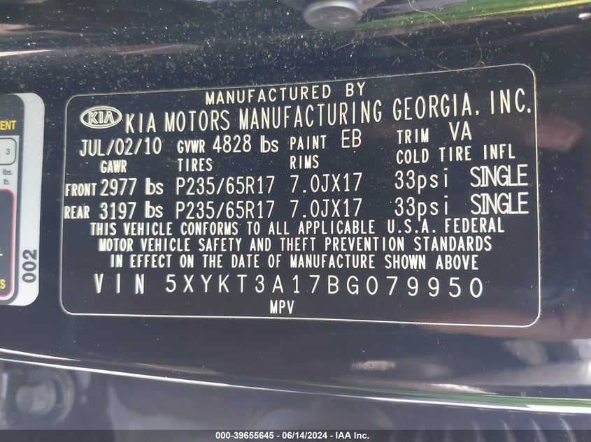 2011 Kia Sorento Lx VIN: 5XYKT3A17BG079950 Lot: 39655645