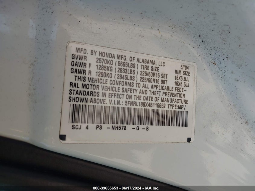 2004 Honda Odyssey Ex VIN: 5FNRL188X4B116652 Lot: 39655653