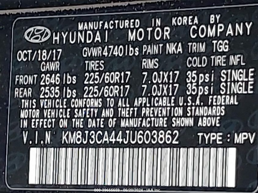 2018 Hyundai Tucson Limited/Sport And Eco/Se VIN: KM8J3CA44JU603862 Lot: 39655659