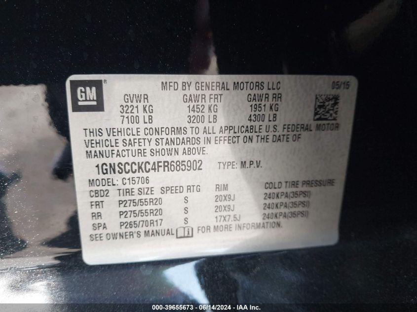 2015 Chevrolet Tahoe Ltz VIN: 1GNSCCKC4FR685902 Lot: 39655673