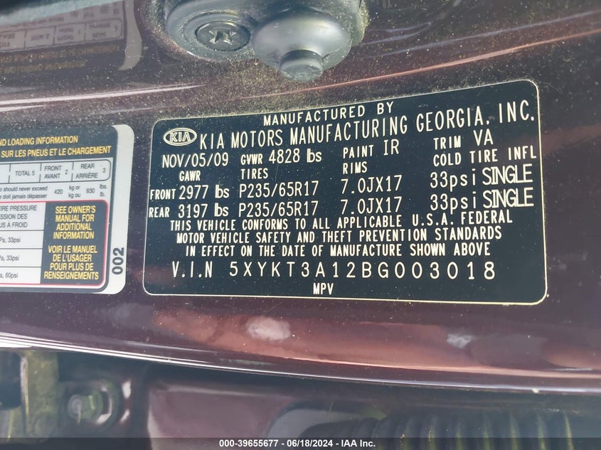 2011 Kia Sorento Lx VIN: 5XYKT3A12BG003018 Lot: 39655677