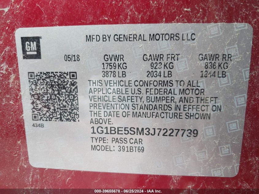 2018 Chevrolet Cruze Lt Auto VIN: 1G1BE5SM3J7227739 Lot: 39655678