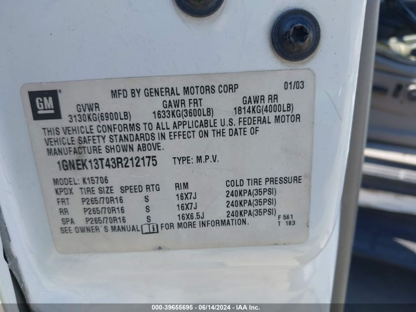 2003 Chevrolet Tahoe Lt VIN: 1GNEK13T43R212175 Lot: 39655695