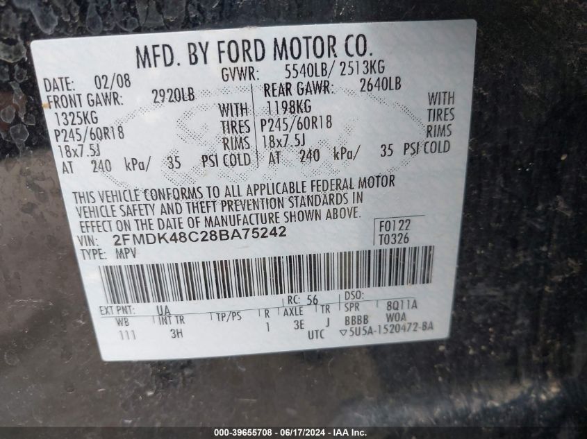 2008 Ford Edge Sel VIN: 2FMDK48C28BA75242 Lot: 39655708