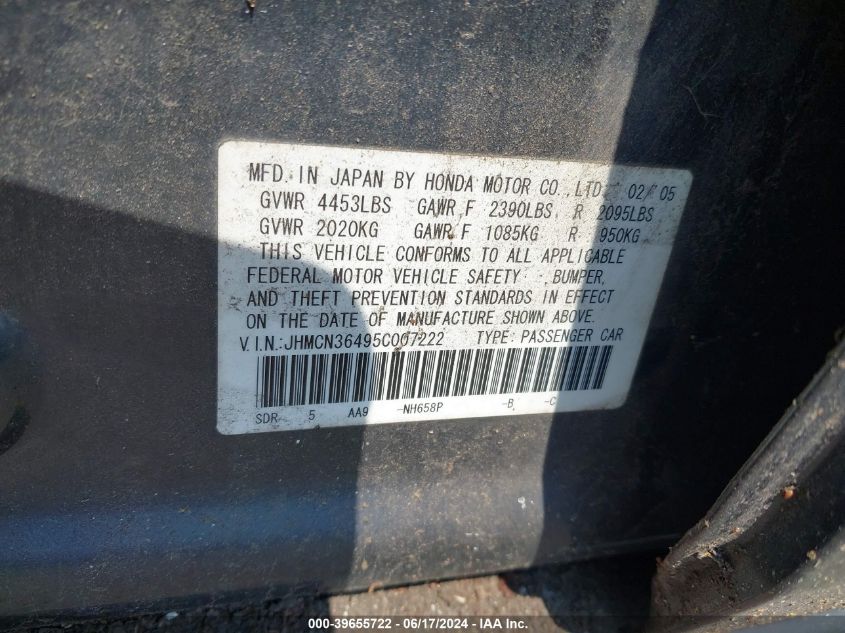 2005 Honda Accord Hybrid Ima VIN: JHMCN36495C007222 Lot: 39655722