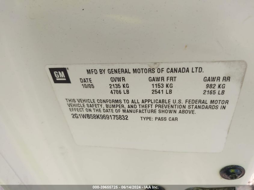 2006 Chevrolet Impala Ls VIN: 2G1WB58K969175832 Lot: 39655725