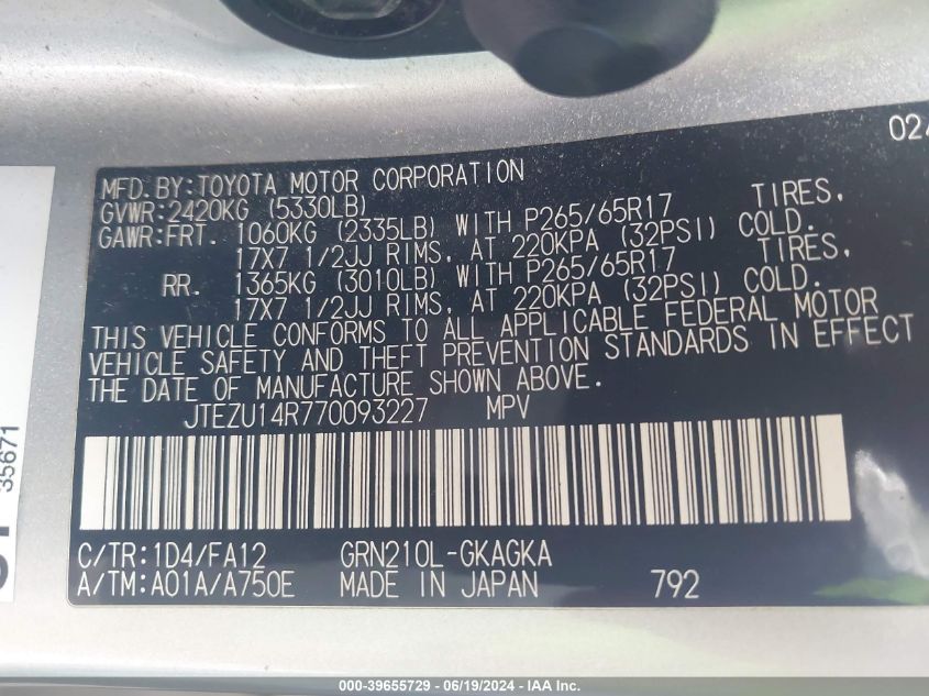 2007 Toyota 4Runner Sr5 V6 VIN: JTEZU14R770093227 Lot: 39655729