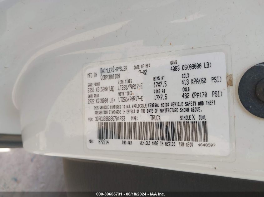 2003 Dodge Ram 2500 Slt/Laramie/St VIN: 3D7KU28683G704793 Lot: 39655731