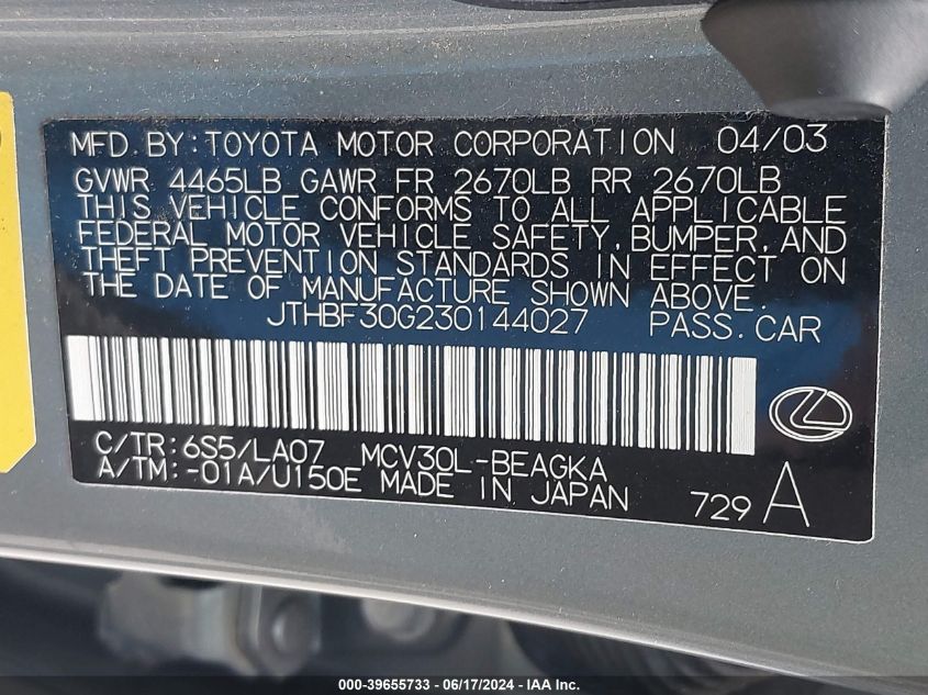 2003 Lexus Es 300 VIN: JTHBF30G230144027 Lot: 39655733