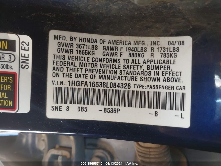 2008 Honda Civic Lx VIN: 1HGFA16538L084326 Lot: 39655740