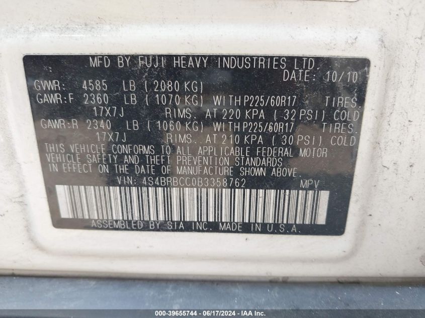 2011 Subaru Outback 2.5I Premium VIN: 4S4BRBCC0B3358762 Lot: 39655744