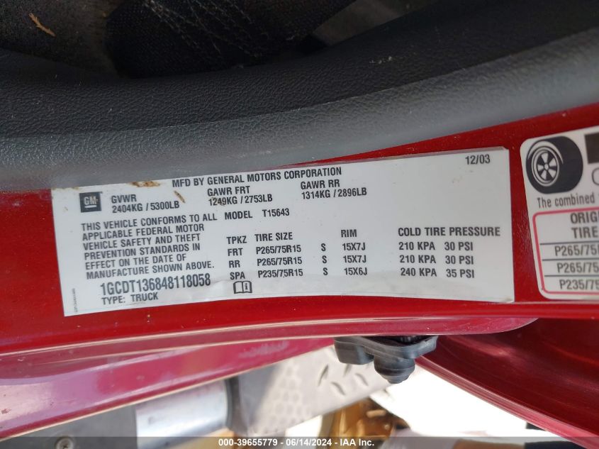 2004 Chevrolet Colorado Ls VIN: 1GCDT136848118058 Lot: 39655779