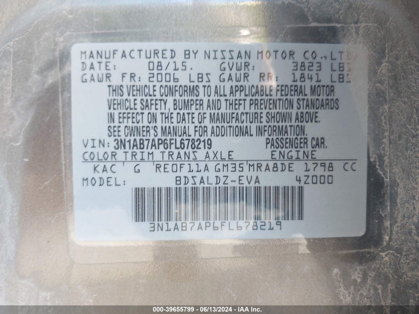 2015 Nissan Sentra Sv VIN: 3N1AB7AP6FL678219 Lot: 39655799