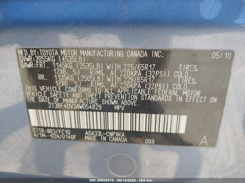 2010 Toyota Rav4 VIN: 2T3BF4DV3AW054829 Lot: 39655815
