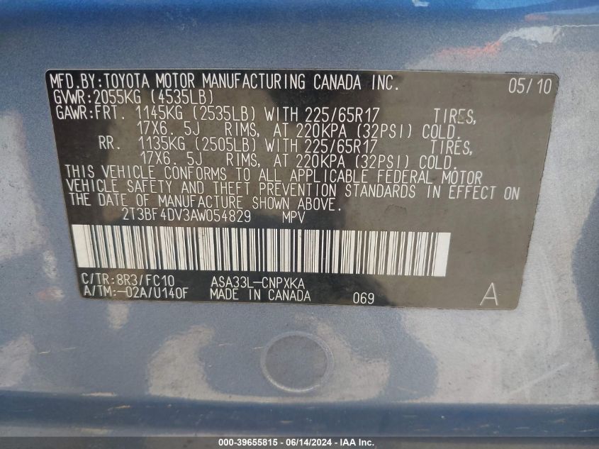 2010 Toyota Rav4 VIN: 2T3BF4DV3AW054829 Lot: 39655815