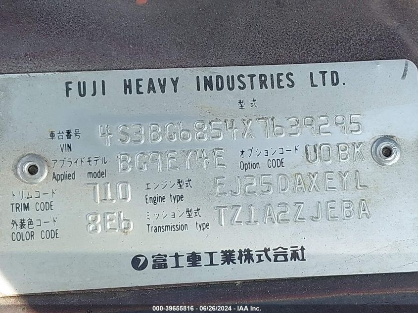 1999 Subaru Legacy Outback/Ssv/Limited/30Th VIN: 4S3BG6854X7639295 Lot: 39655816