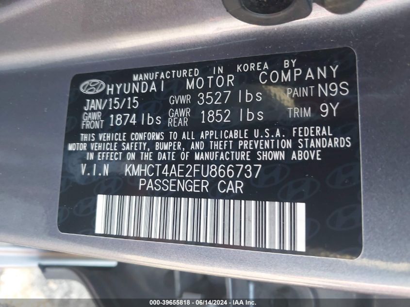2015 Hyundai Accent Gls VIN: KMHCT4AE2FU866737 Lot: 39655818