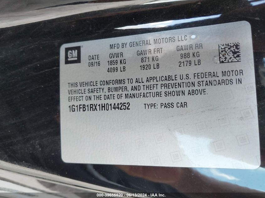 2017 Chevrolet Camaro 1Lt VIN: 1G1FB1RX1H0144252 Lot: 39655820