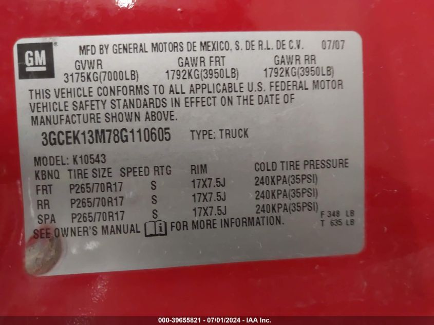 2008 Chevrolet Silverado 1500 Lt1 VIN: 3GCEK13M78G110605 Lot: 39655821