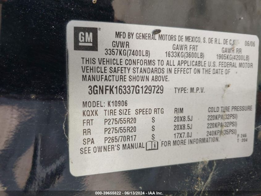 2007 Chevrolet Suburban 1500 Lt VIN: 3GNFK16337G129729 Lot: 39655822