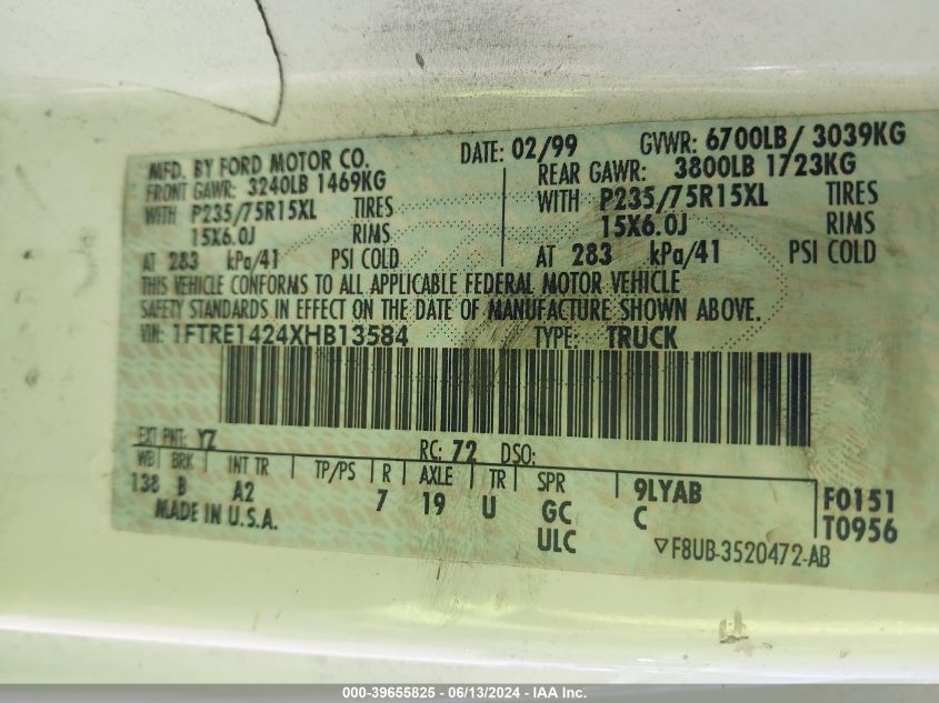 1999 Ford E-150 Commercial/Recreational VIN: 1FTRE1424XHB13584 Lot: 39655825