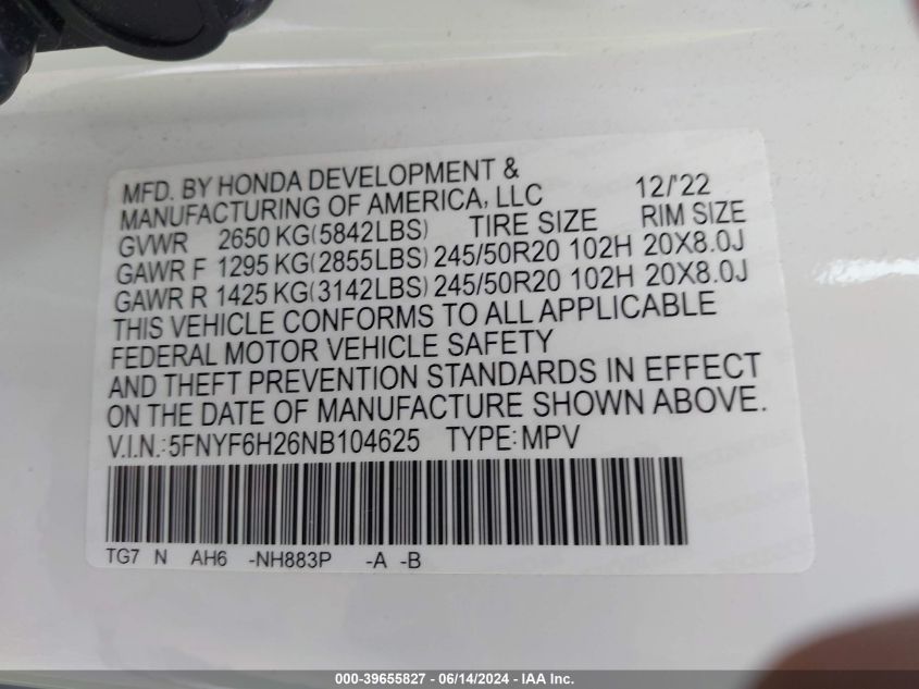 2022 Honda Pilot Awd Special Edition VIN: 5FNYF6H26NB104625 Lot: 39655827