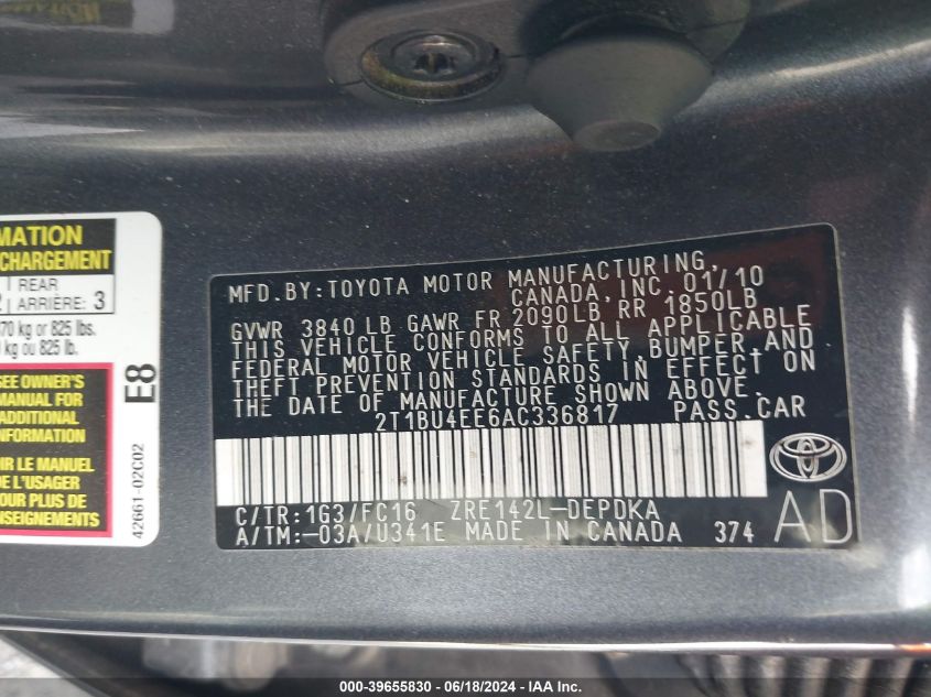 2010 Toyota Corolla Le VIN: 2T1BU4EE6AC336817 Lot: 39655830