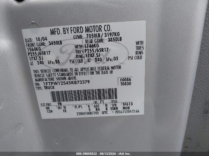 2005 Ford F-150 Lariat/Xlt VIN: 1FTPW12545KB73379 Lot: 39655832