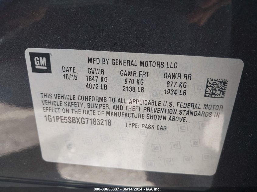 2016 Chevrolet Cruze Limited 1Lt Auto VIN: 1G1PE5SBXG7183218 Lot: 39655837