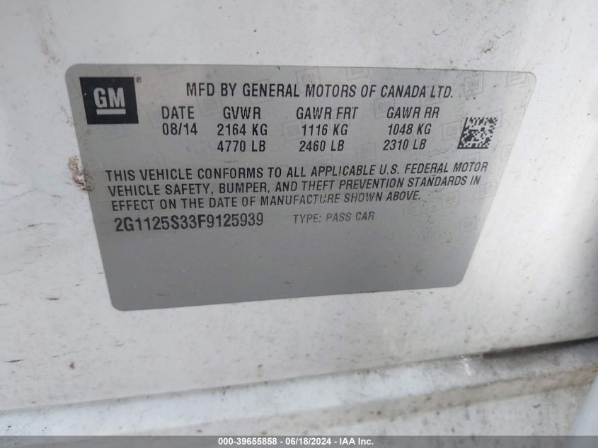 2015 Chevrolet Impala 2Lt VIN: 2G1125S33F9125939 Lot: 39655858