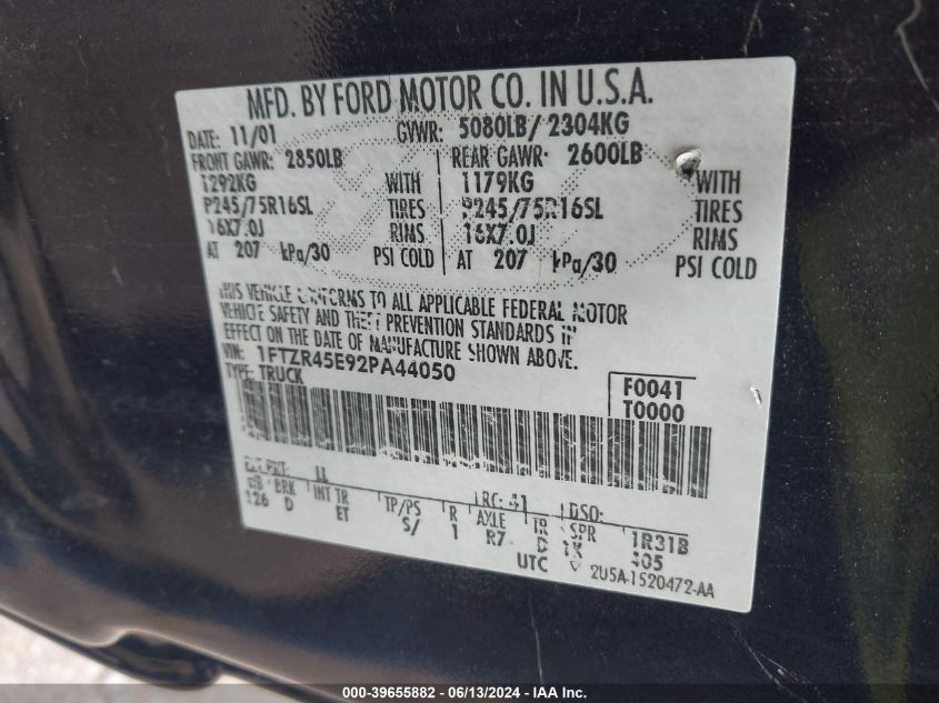 2002 Ford Ranger Edge/Xlt VIN: 1FTZR45E92PA44050 Lot: 39655882