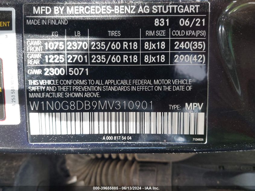 2021 Mercedes-Benz Glc 300 Suv VIN: W1N0G8DB9MV310901 Lot: 39655885