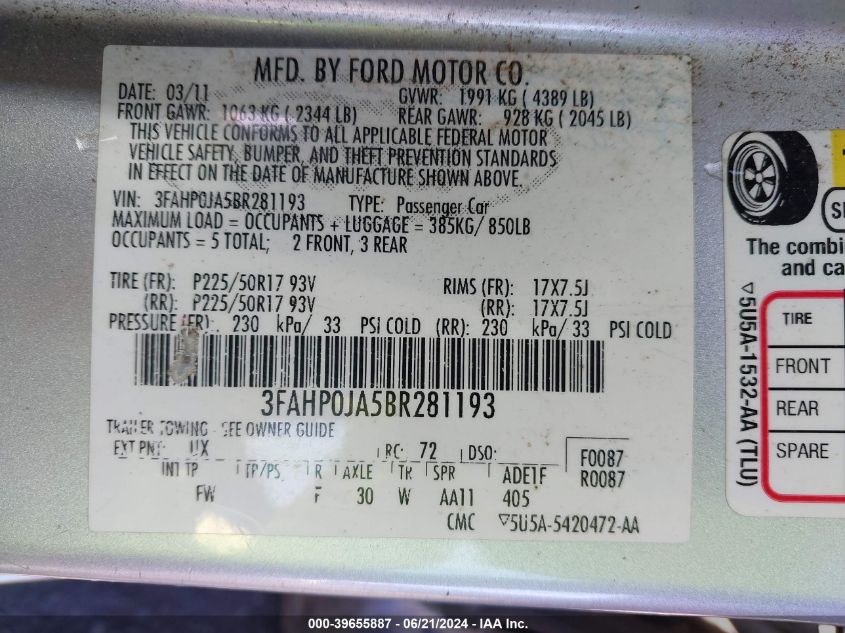 2011 Ford Fusion Sel VIN: 3FAHP0JA5BR281193 Lot: 39655887