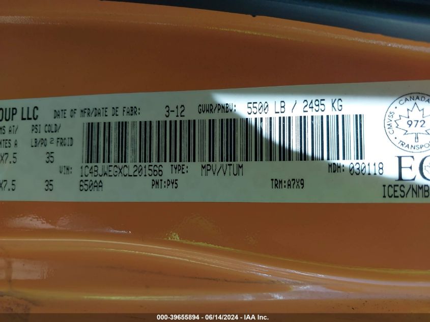 2012 Jeep Wrangler Unlimited Sahara VIN: 1C4BJWEGXCL201566 Lot: 39655894