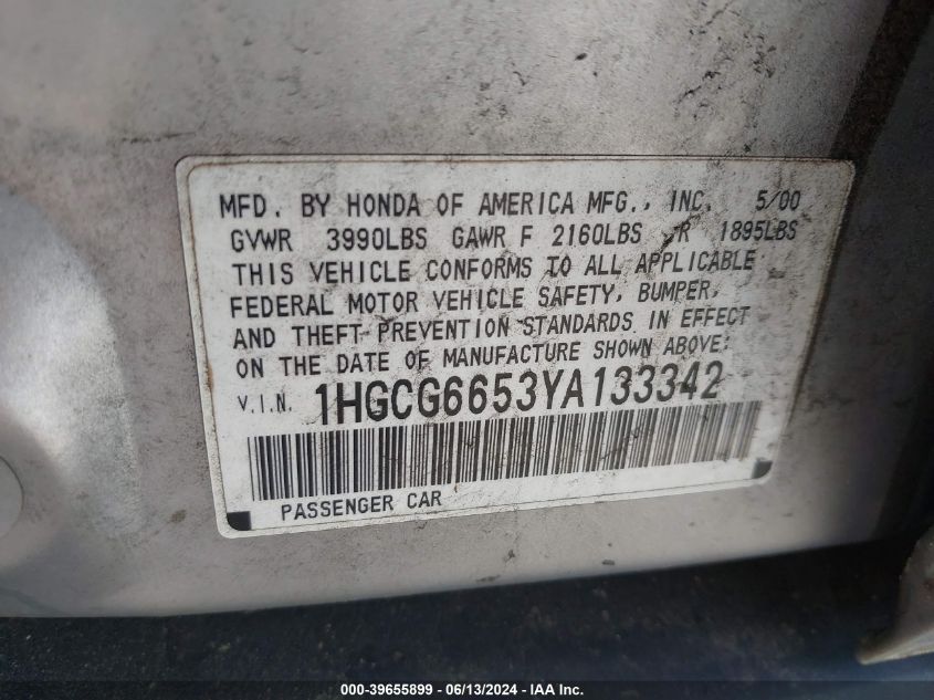 2000 Honda Accord 2.3 Lx VIN: 1HGCG6653YA133342 Lot: 39655899