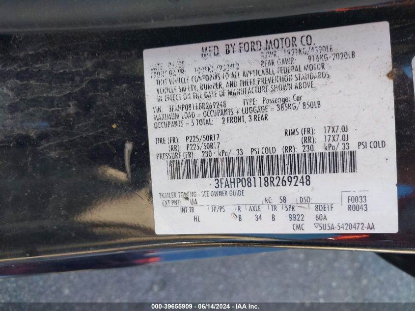 2008 Ford Fusion Sel VIN: 3FAHP08118R269248 Lot: 39655909